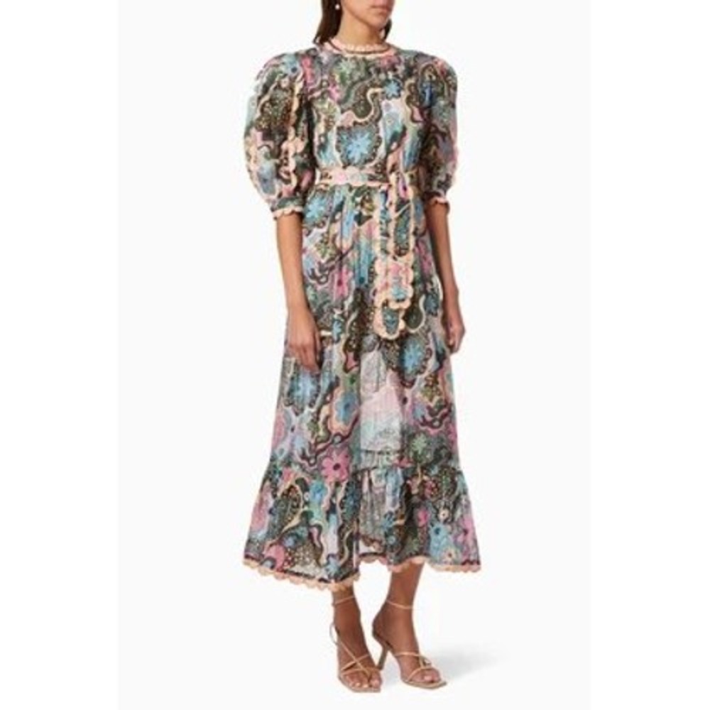 CeliaB Petunia Silk Blend Floral Scallop Trim Puff Sleeve Midi Dress L No Belt